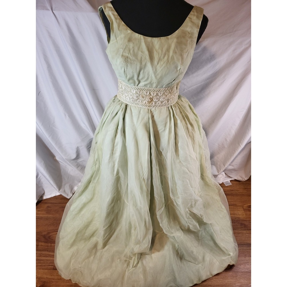 Vintage 1950s Spring Green Chiffon Party Dress Fitted Bodice Size Small Read